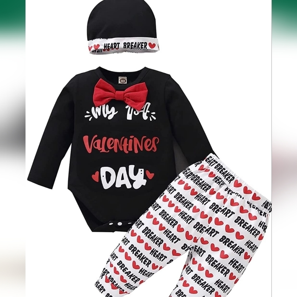 My First Valentine’s Day Outfit Newborn Infant Baby Long Sleeve Romper Pants Hat